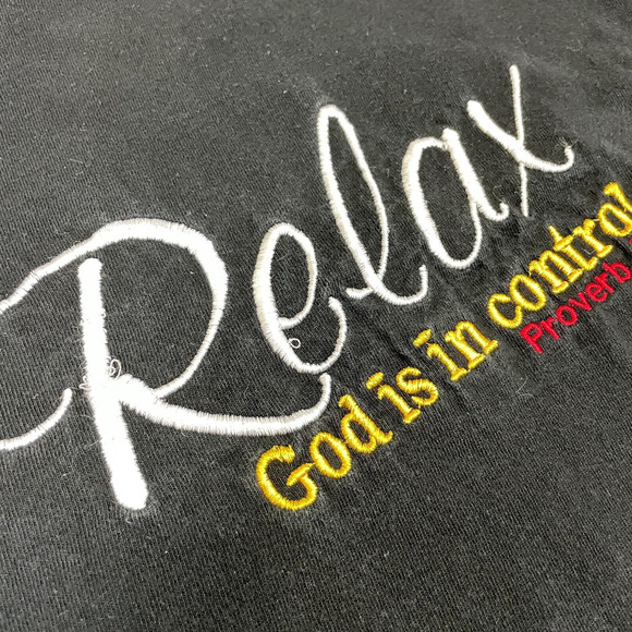 VINTAGE Jesus Tee Shirt Mens Large Black Relax God is in Control Embroidered - Picture 3 of 9